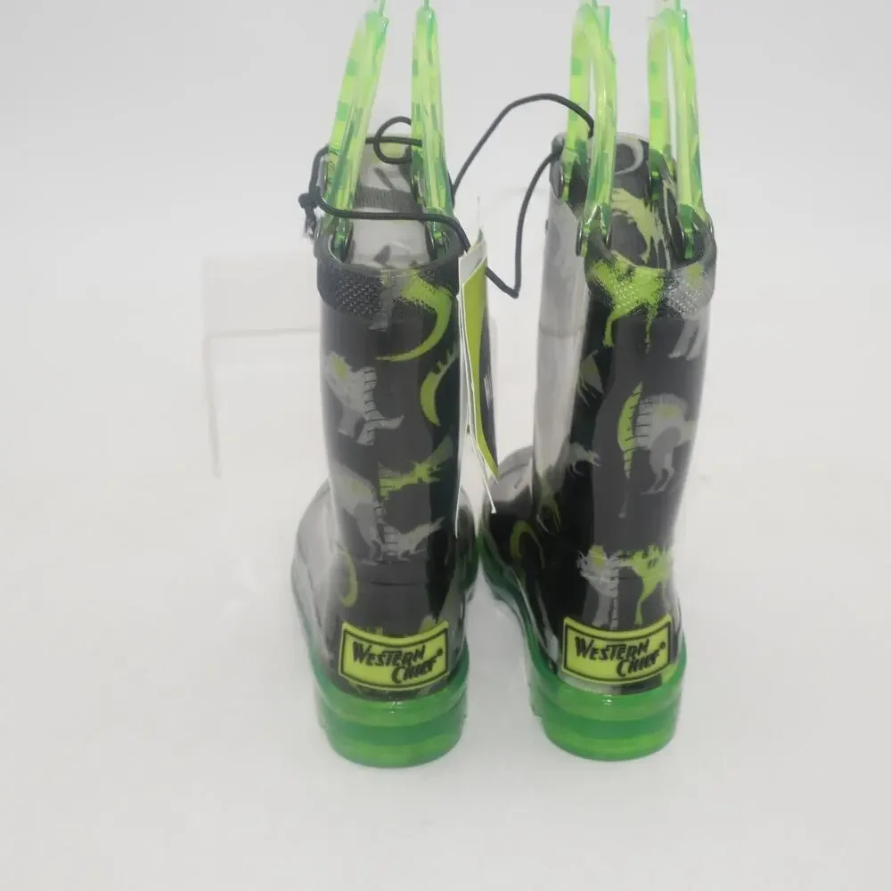 NEW Western Chief Dinosaur Light Up Rain Boots Green Pull Up Toddler Boys 5